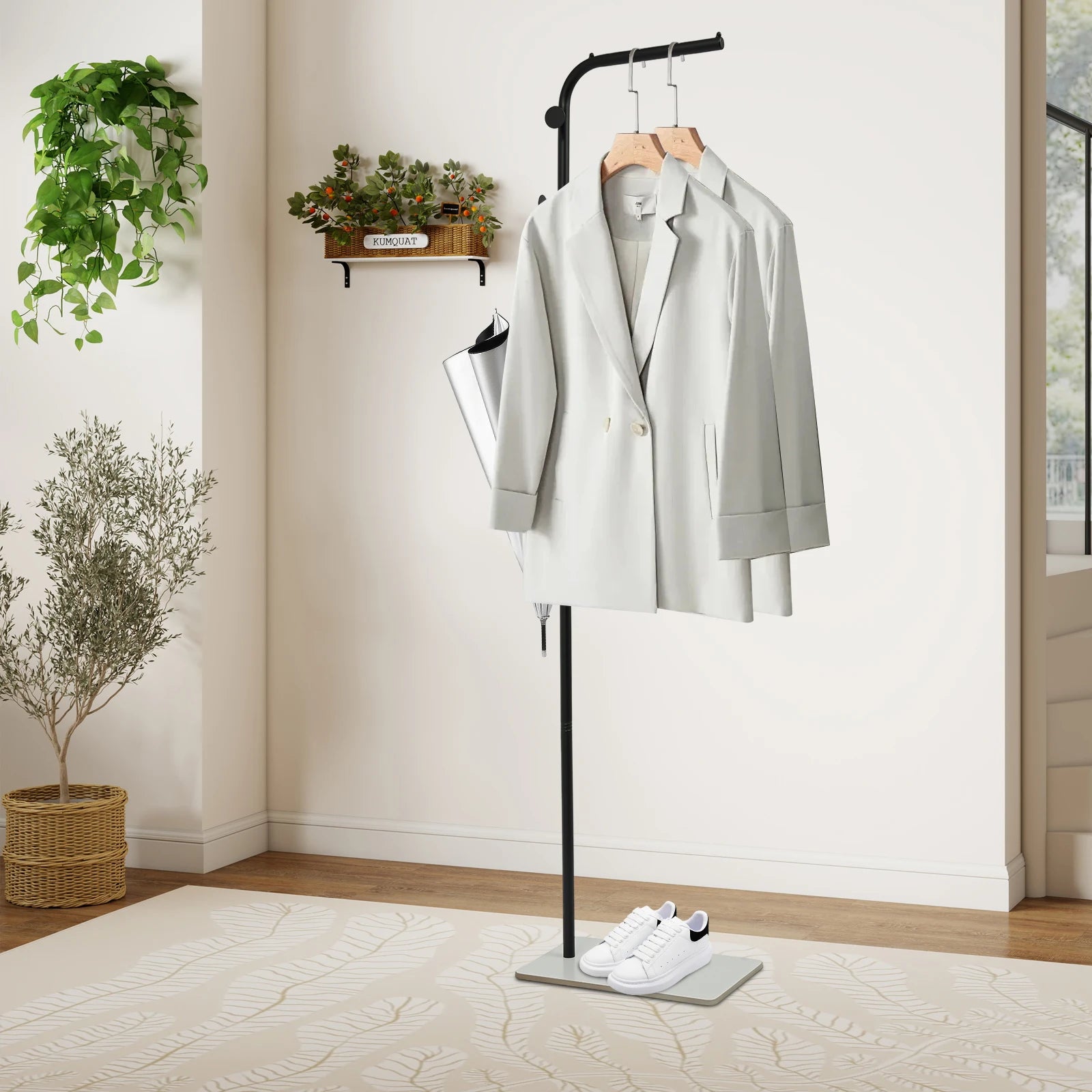 67in-Black Clothing Rack with Storage Base and Hooks, Freestanding Coat Rack Hanging Clothes, Bags, Hat and Shoes for En