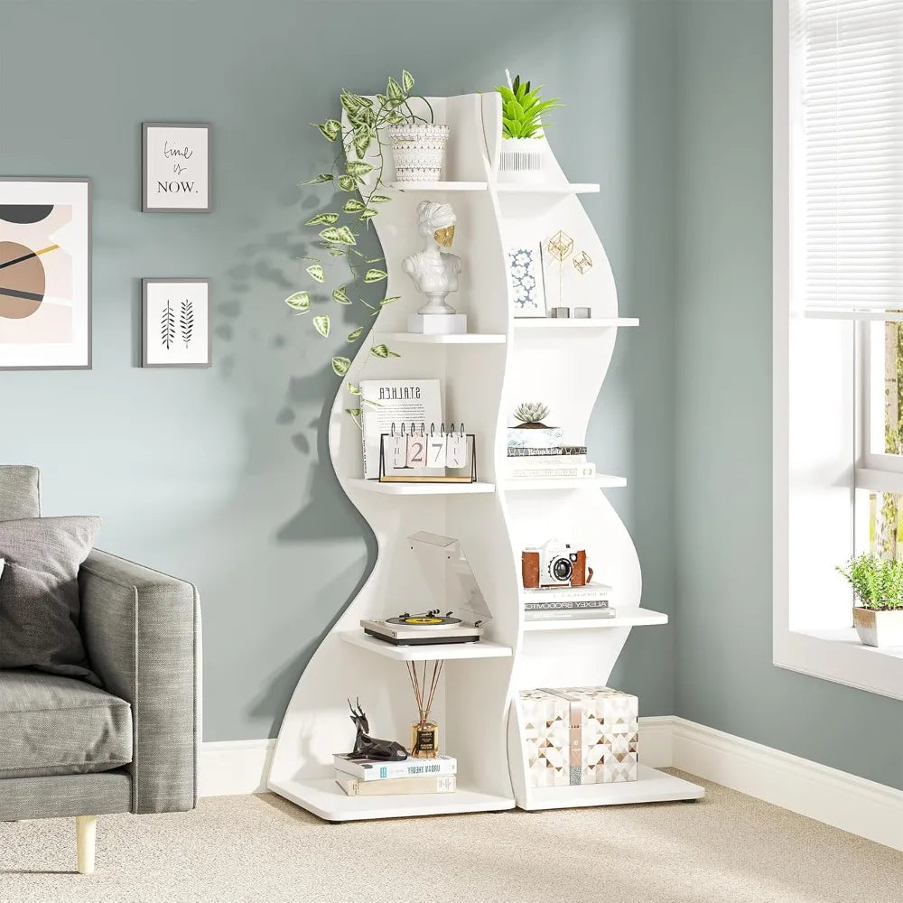 Corner Shelf, Modern 5-Tier Wall Corner Bookshelf, Stylish Corner Small Bookcase Storage Rack Plant Stand with Unique Shape