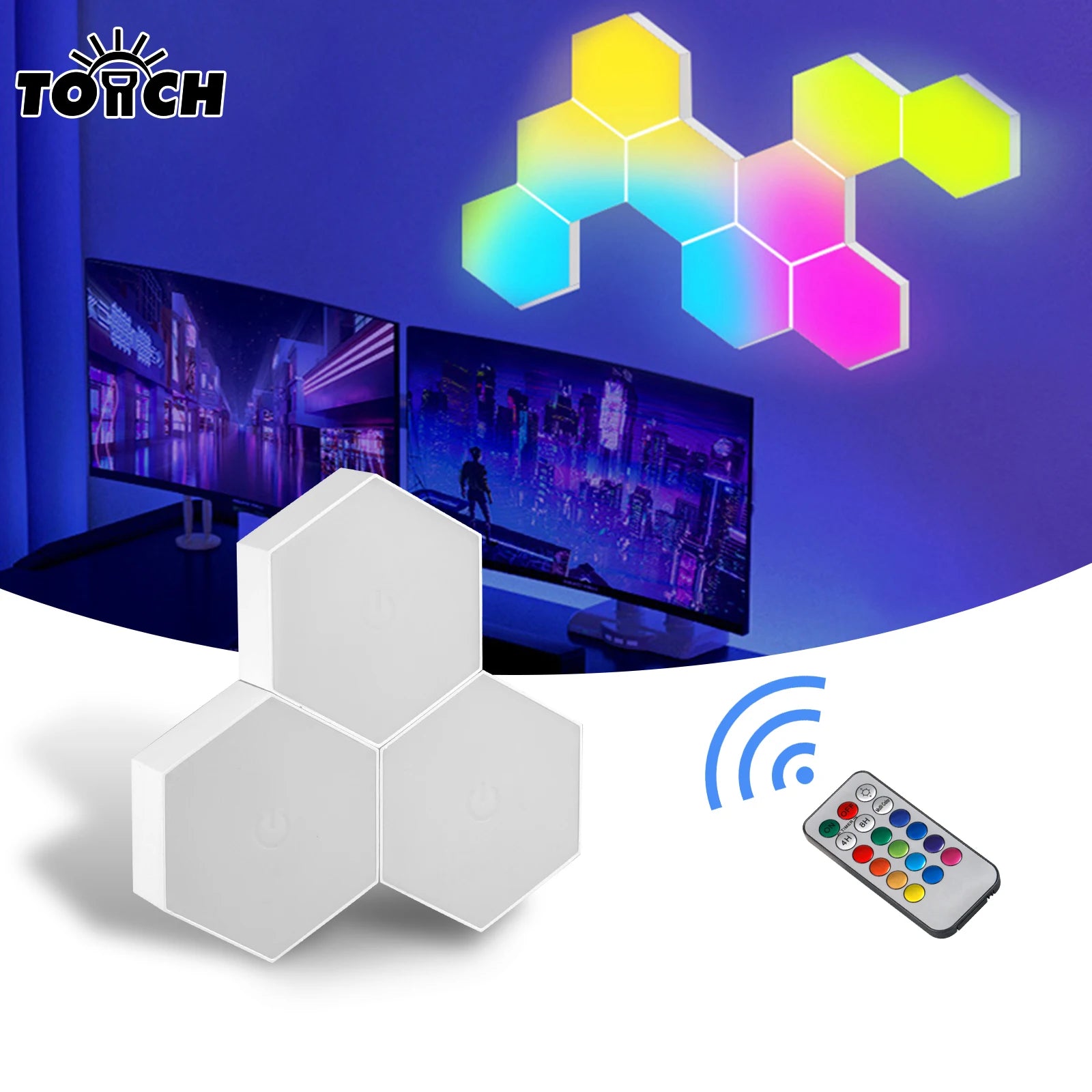 Remote control geometric hexagonal LED multi-color lights, living room, bedroom, study, DIY atmosphere decoration wall lights