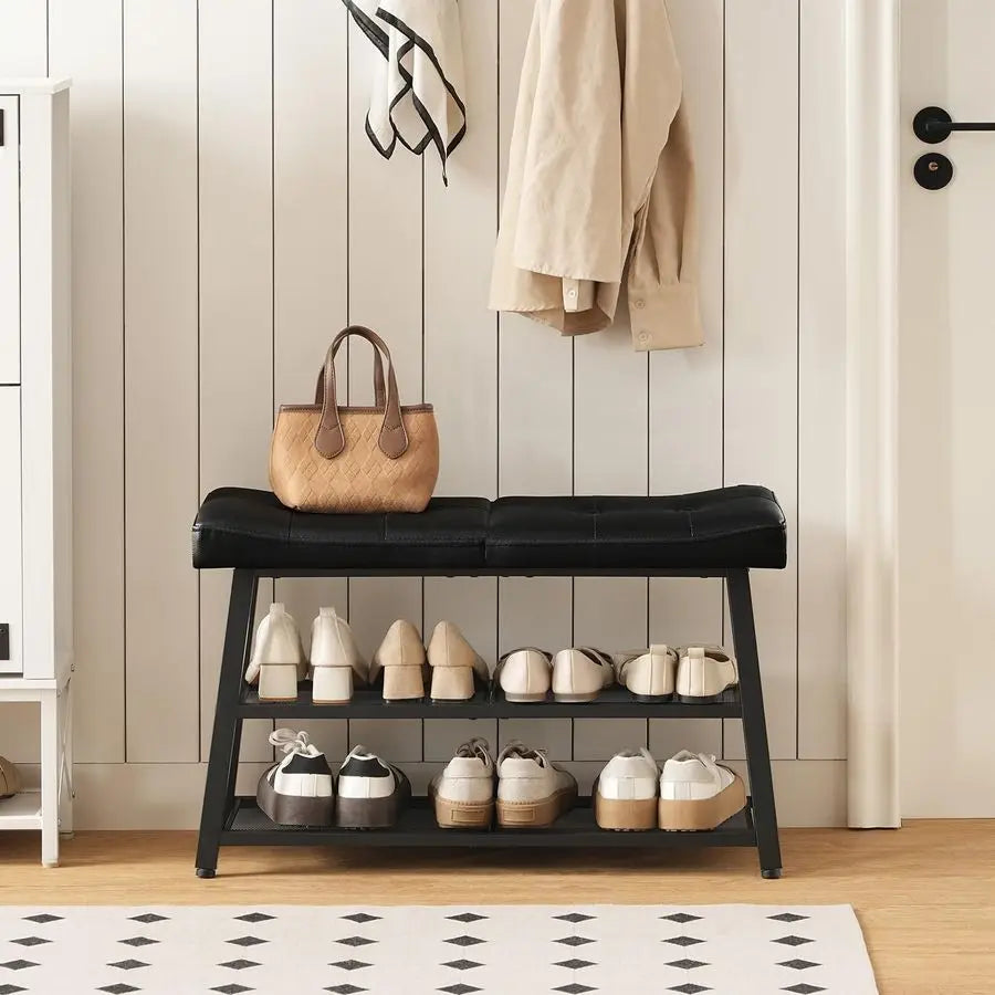 Bench, 3Tier Shoe Rack, Entryway Bench with Storage and Cushion, for Hallway, Foyer, Bedroom, Black HX02BB