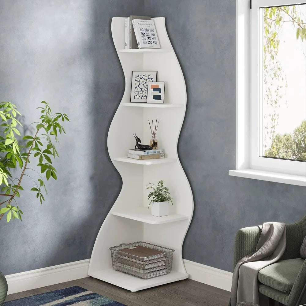 Corner Shelf, Modern 5-Tier Wall Corner Bookshelf, Stylish Corner Small Bookcase Storage Rack Plant Stand with Unique Shape
