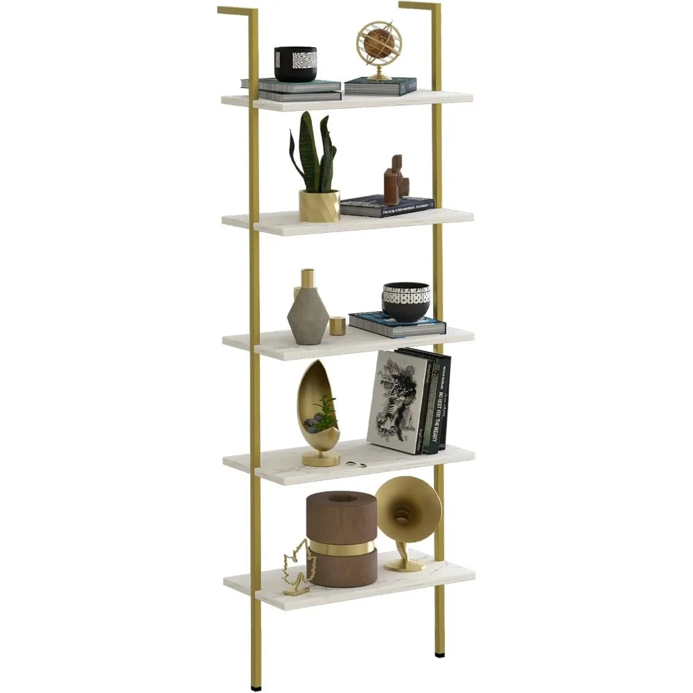 Ladder Shelf White Marble Bookshelf 5-Tier Wall-Mounted Wood Rack Industrial Modern Plant Flower Stand Utility Organizer