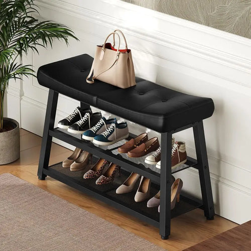 Bench, 3Tier Shoe Rack, Entryway Bench with Storage and Cushion, for Hallway, Foyer, Bedroom, Black HX02BB