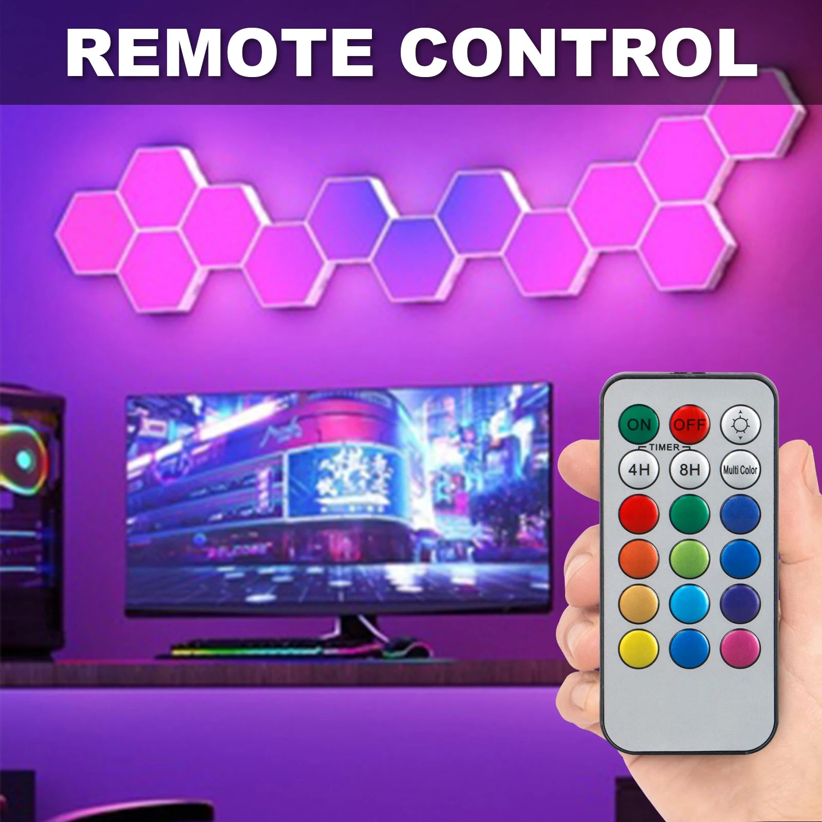 Remote control geometric hexagonal LED multi-color lights, living room, bedroom, study, DIY atmosphere decoration wall lights