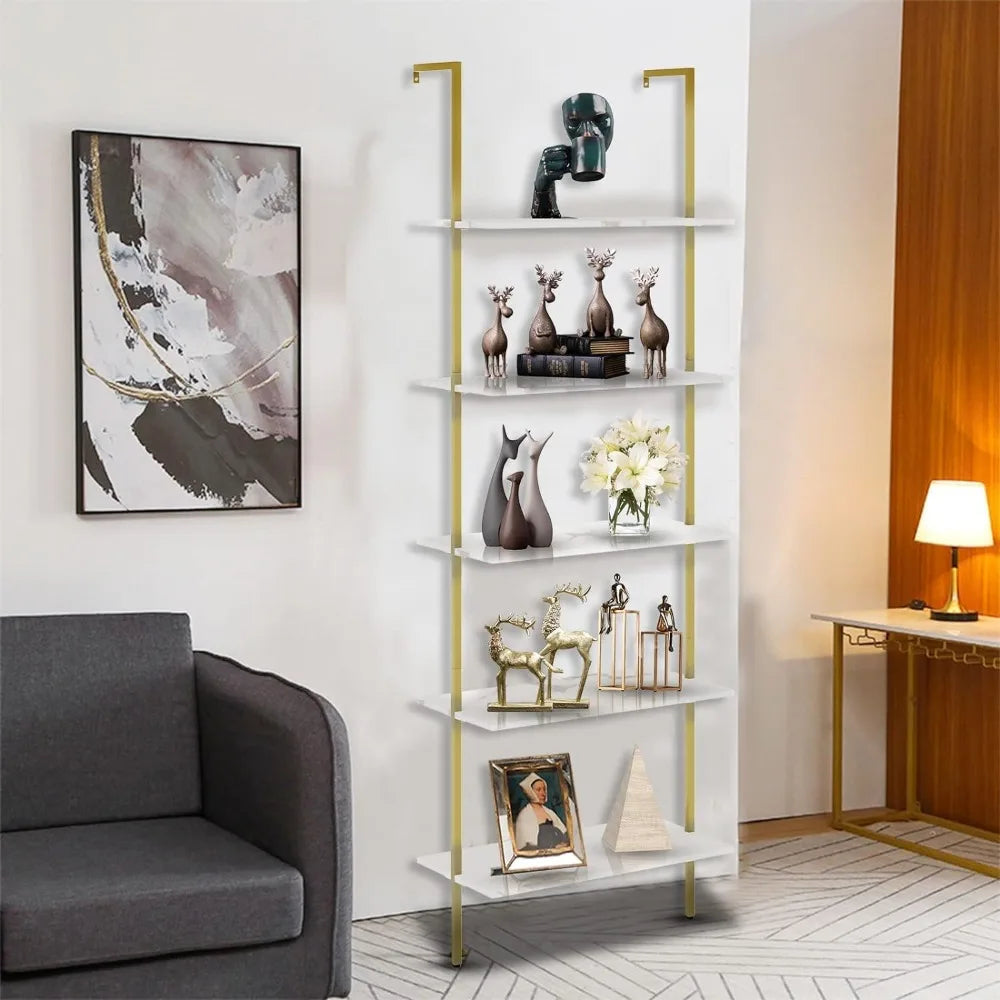 Ladder Shelf White Marble Bookshelf 5-Tier Wall-Mounted Wood Rack Industrial Modern Plant Flower Stand Utility Organizer