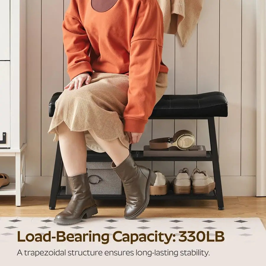 Bench, 3Tier Shoe Rack, Entryway Bench with Storage and Cushion, for Hallway, Foyer, Bedroom, Black HX02BB