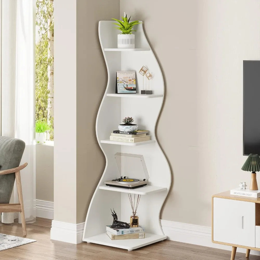 Corner Shelf, Modern 5-Tier Wall Corner Bookshelf, Stylish Corner Small Bookcase Storage Rack Plant Stand with Unique Shape